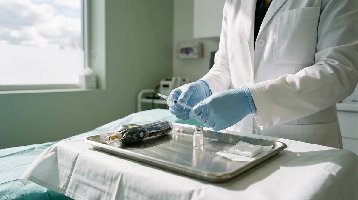 Plateau de soins avec seringue et appareil laser en cabinet médical